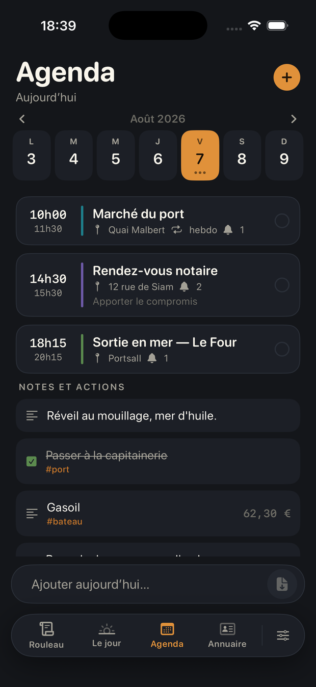 L’écran Agenda : la bande des sept jours de la semaine et la liste des rendez-vous du jour.