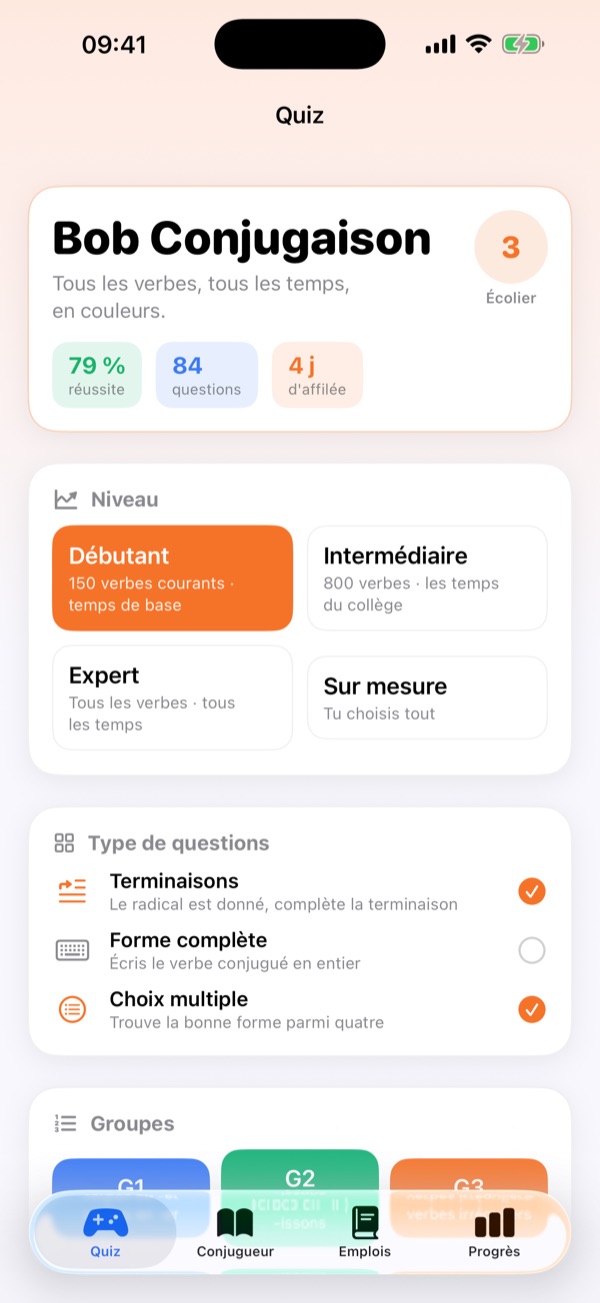 L'écran Quiz : niveau Écolier, 79 % de réussite, choix du niveau et des types de questions.