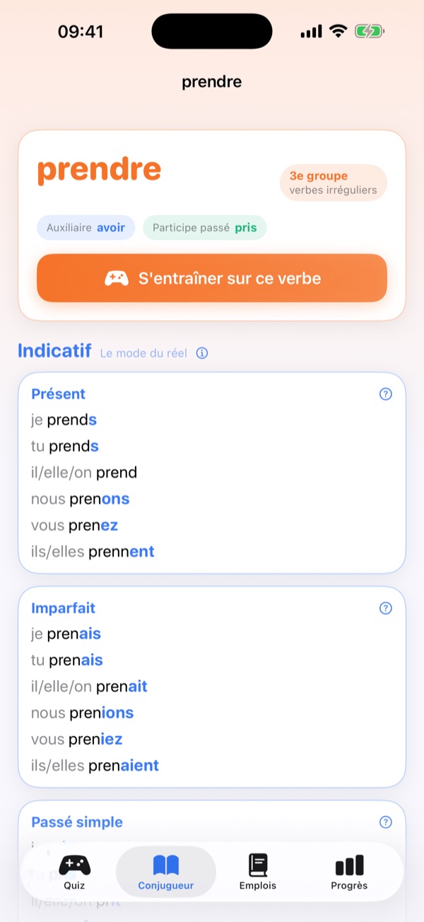 Le tableau du verbe prendre : radical en noir, terminaisons en couleur.