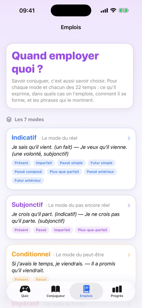L'onglet Emplois : à quoi sert chacun des sept modes, avec un exemple.