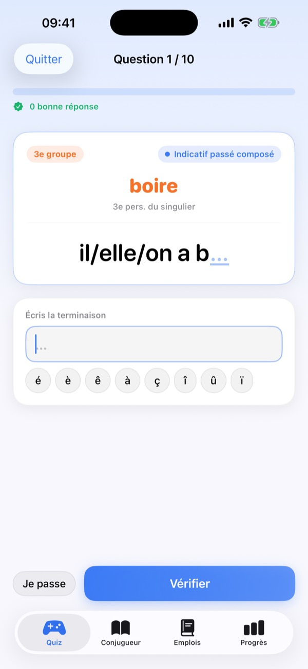 Une terminaison à compléter : le radical est affiché, un mini-clavier propose les accents.
