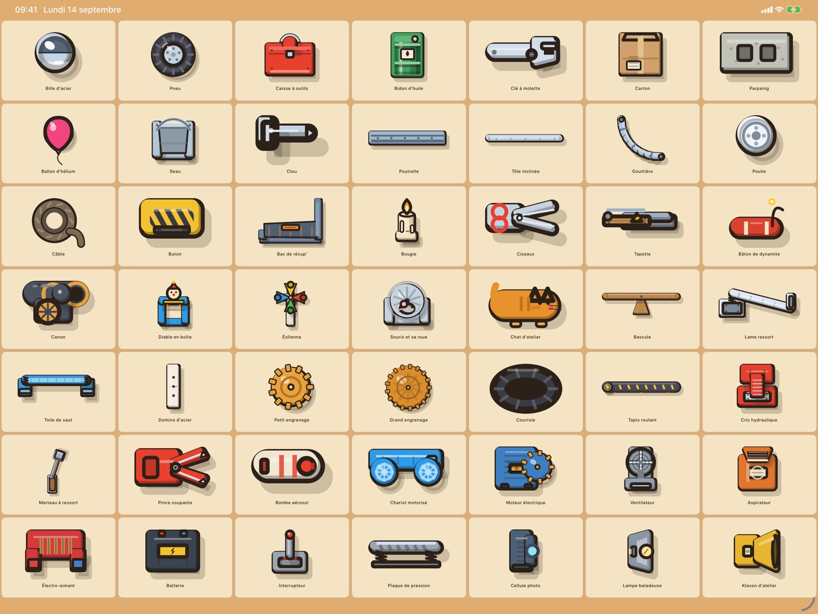 Les quarante-neuf pièces du jeu présentées côte à côte avec leurs noms : bille d'acier, pneu, ballon d'hélium, canon, chat d'atelier, électro-aimant, cellule photo…