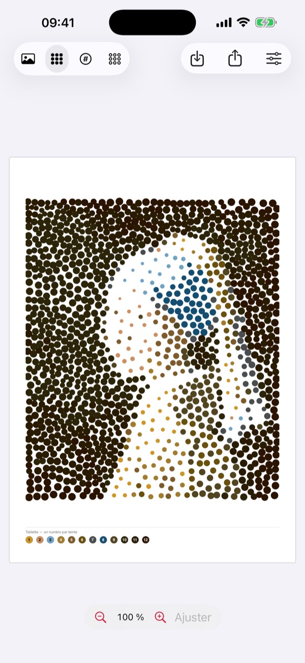 L'aperçu en couleur : le portrait fait de cercles pleins, et la tablette des teintes en bas de la feuille.