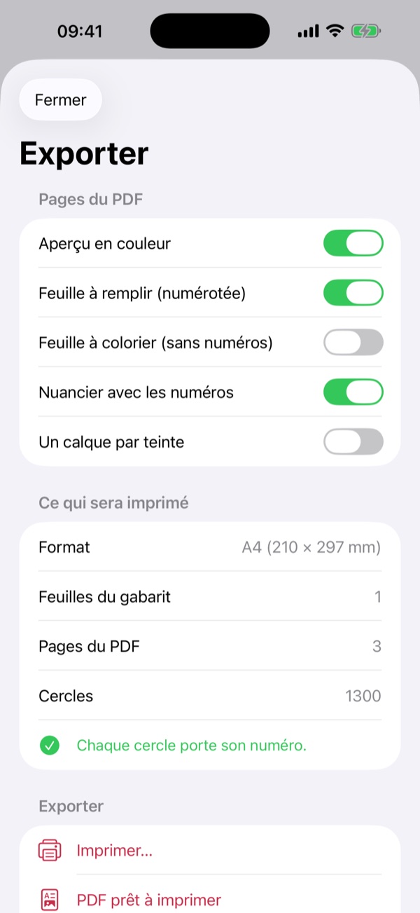 La feuille d'export : pages du PDF à inclure, contrôle avant impression, Imprimer, PDF, SVG.