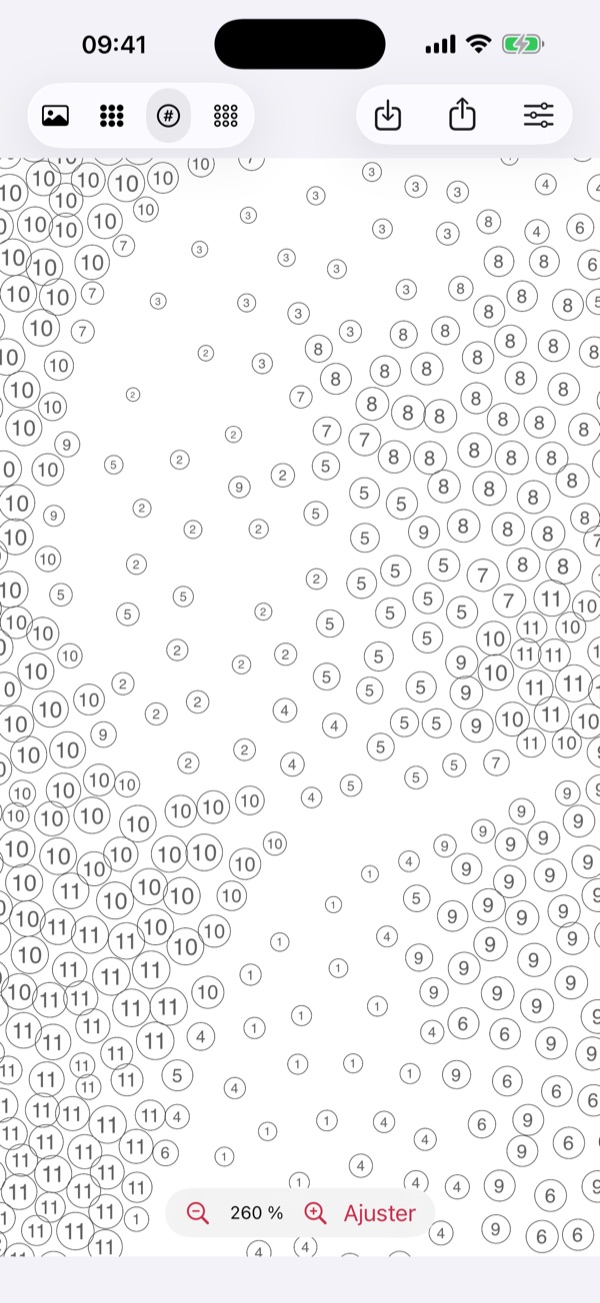 Le gabarit agrandi : des cercles vides, chacun portant le numéro de sa couleur.