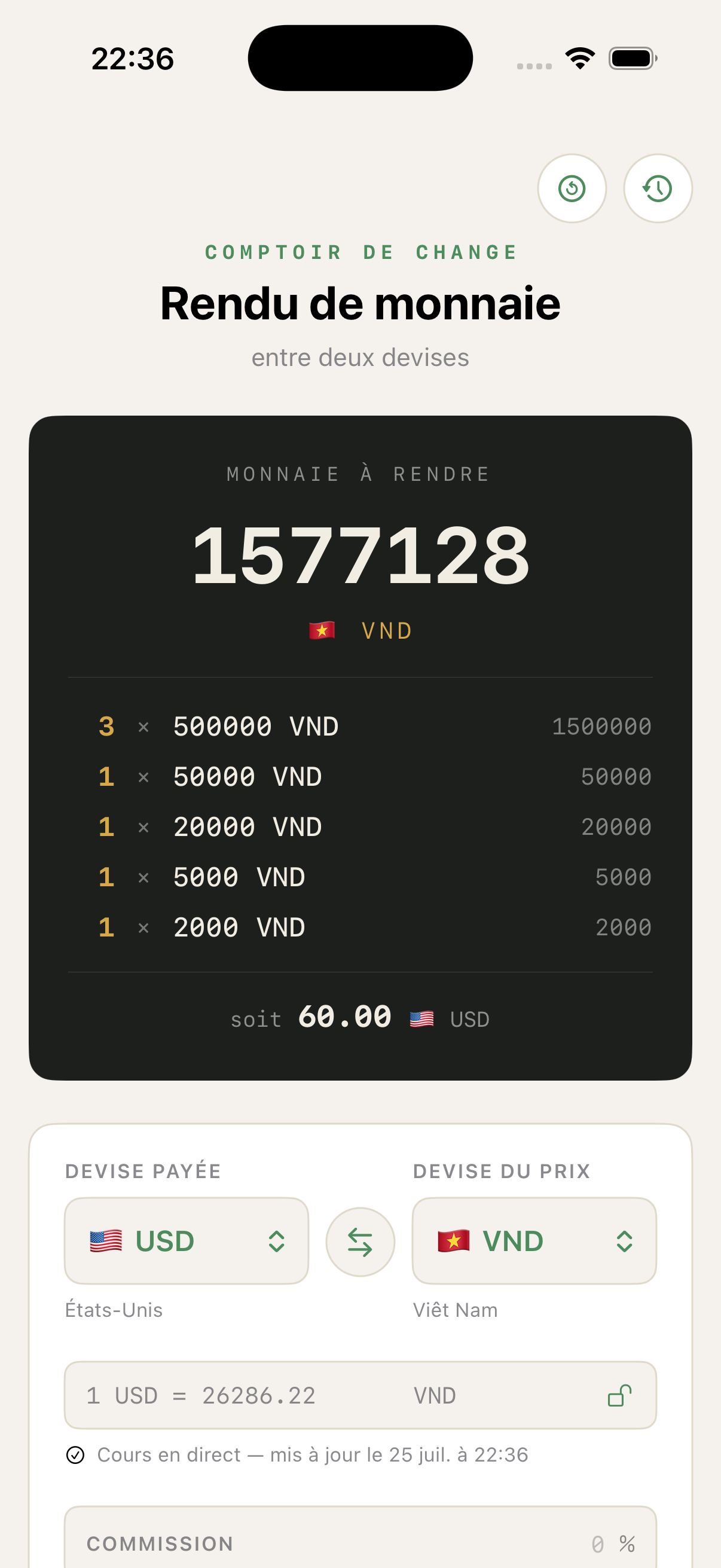 Écran principal du calcul de rendu de monnaie