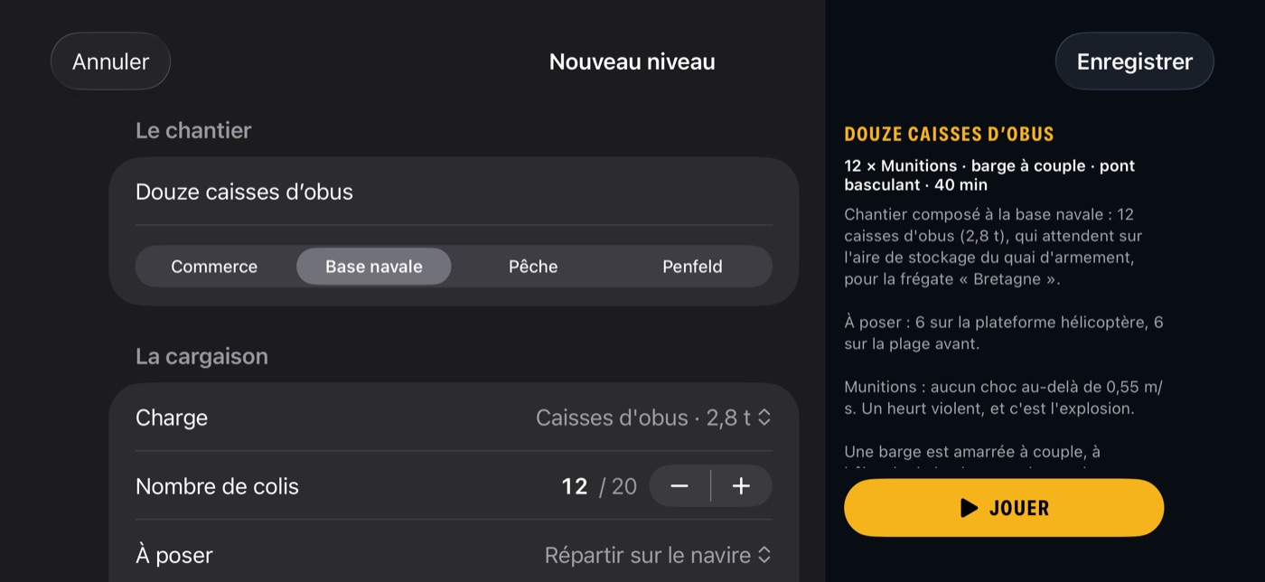 L'écran de création de niveau : douze caisses d'obus, barge à couple, pont basculant, contre la montre en 40 minutes ; à droite, le briefing de la mission.