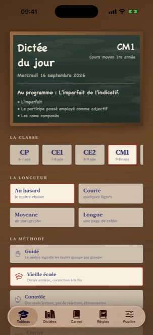 L'écran d'accueil : la page du journal, ce que le maître y a noté, et de quoi l'écrire.