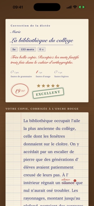 La copie corrigée à l'encre rouge, la note entourée.