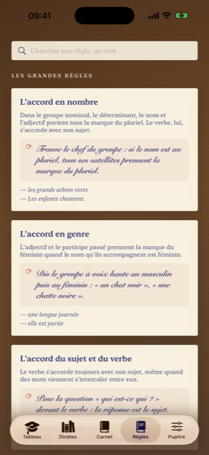Le cahier de règles de grammaire et d'orthographe.