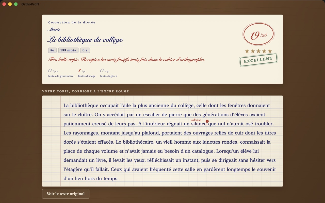 La copie corrigée telle qu'elle s'affiche sur un Mac : fautes soulignées à l'encre rouge, note sur vingt.